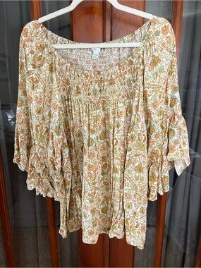 Cato Floral Peasant Tunic in Cream, Green and Orange